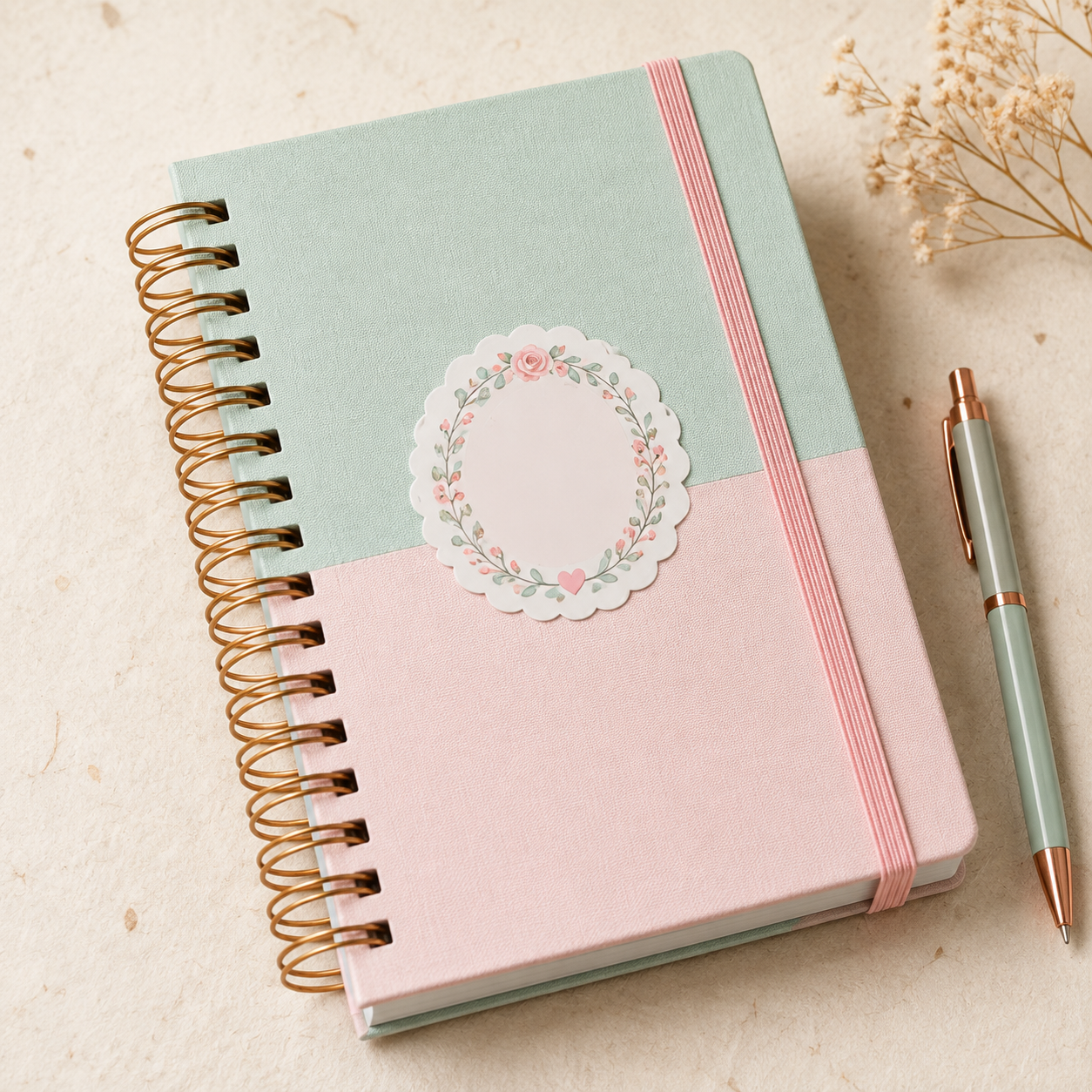 Agenda personalizada em tons rosa e verde com acabamento floral