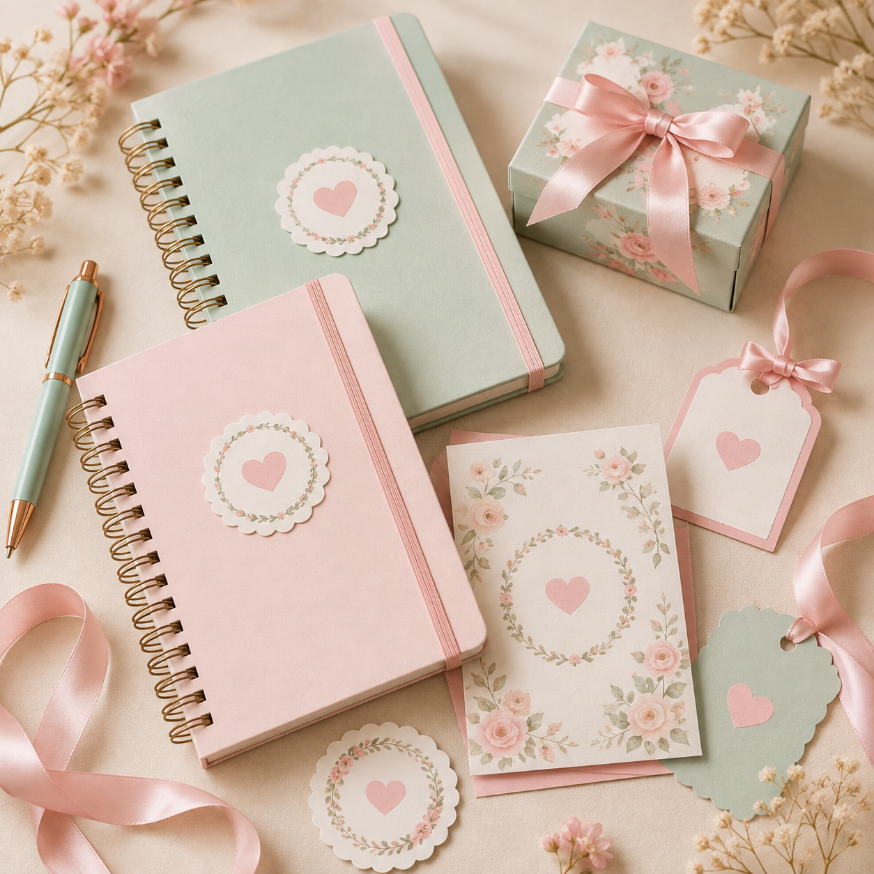Coleção de papelaria personalizada em tons rosa e verde